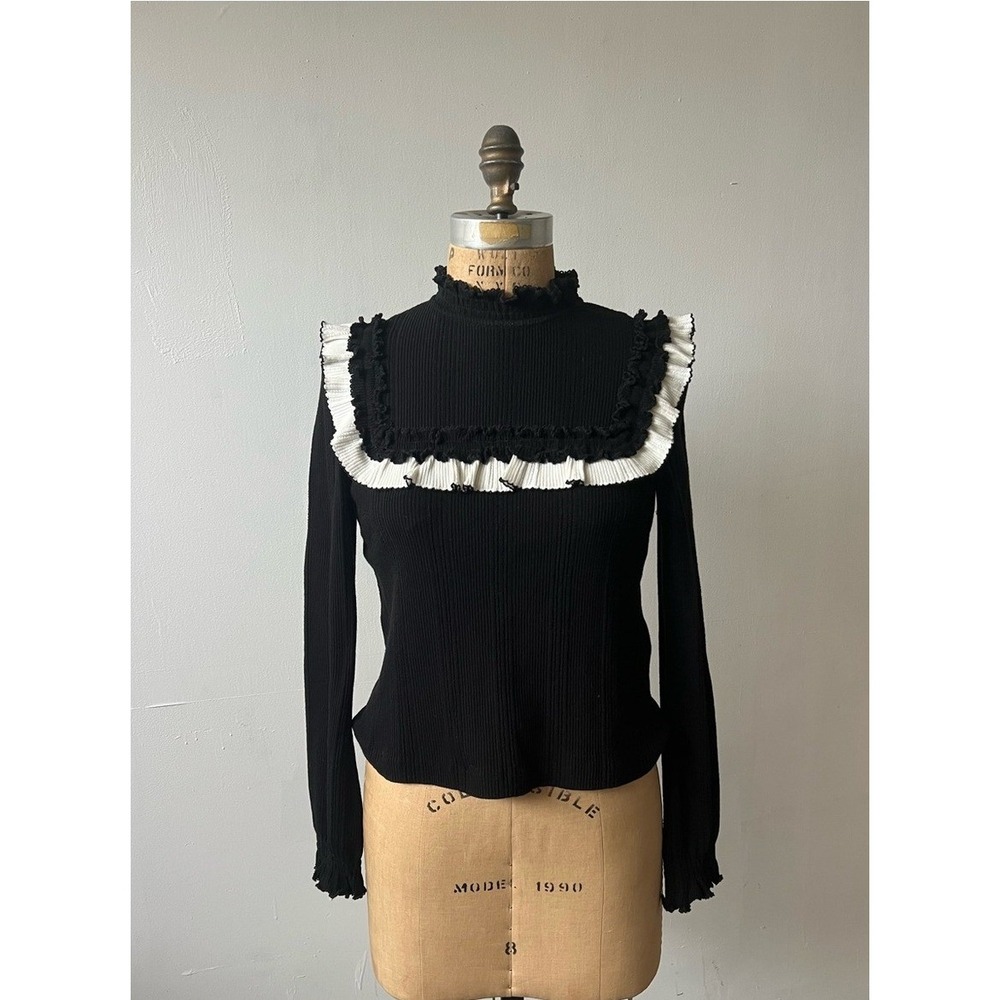 Black Long-Sleeve Ruffled Square-Yoke Top with White Trim